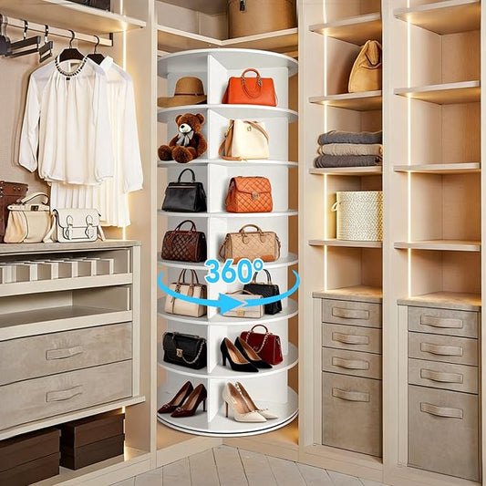 7 Tier Rotating Shoe Rack Corner Organizer 360°Rotating Shoe Rack Tower Spinning Shoe Rack Tower for Bedroom Entryway Closet Holds 28-32 Pairs of Shoes Handbags Hats Display Decor