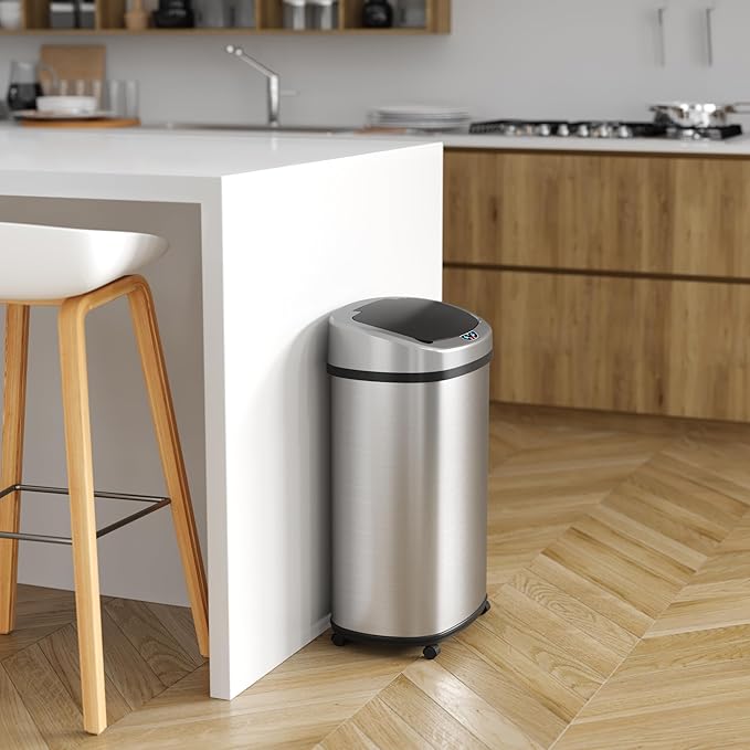 iTouchless 13 Gallon Sensor Trash Can on Wheels with Odor Filter, 50 Liter Automatic Kitchen Garbage Bin, Oval Fingerprint-Proof Stainless Steel, Hands-Free Motion Lid, Brushed Silver