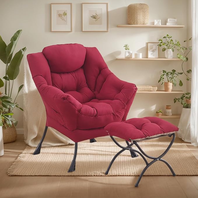 Lazy Chair with Ottoman, Large Burgundy Accent Chair with Ottoman, Comfy Reading Armchair, Leisure Sofa Chair for Living Room, Bedroom, Dorm Room, Office