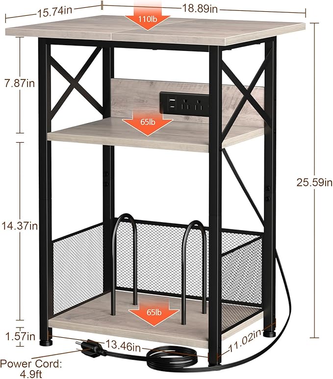 AMHANCIBLE Record Player Stand with Charging Station, Large Turntable with Storage Cabinet holds up to 100 Albums, 3 Tier End Table for Vinyl, Living Room, Grey, HETCD012GY-1