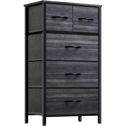DWVO Storage Tower with 5 Drawers - Fabric Dresser, Organizer Unit for Living Room, Closets - Sturdy Steel Frame, Easy Pull Fabric Bins & Wooden Top