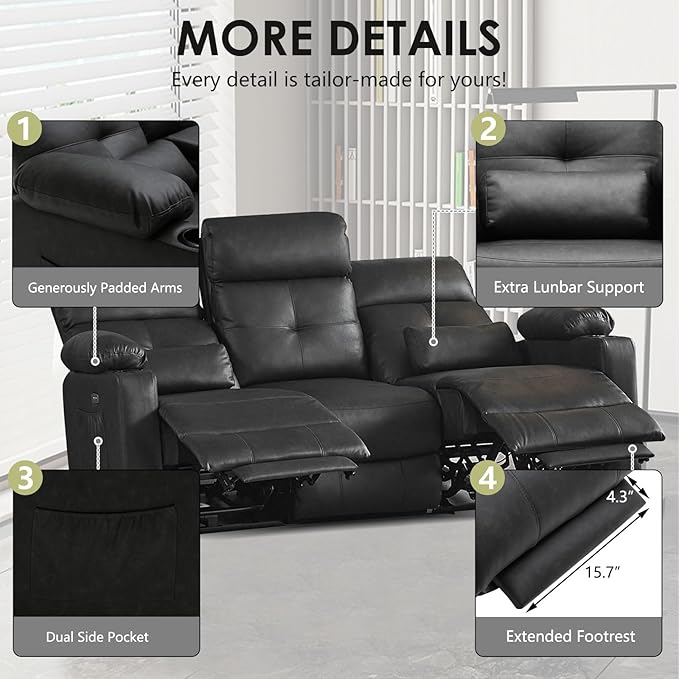 Power Reclining Sofa with Heat and Massage, Electric Reclining Couch with Extended Footrest, Wall Hugger Recliner Sofa 3 Seater with USB Ports & Cup Holders for Living Room, Bedroom