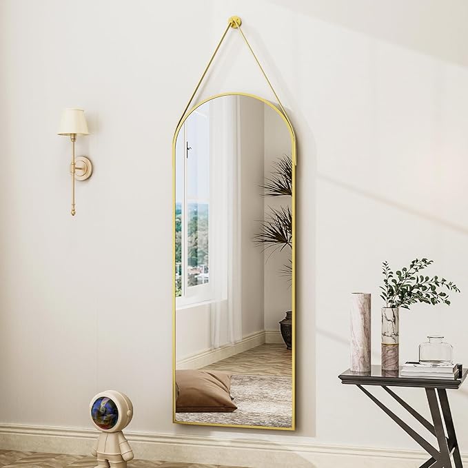 HARRITPURE 16"x48"Arched Mirror with Hanging Leather Strap Full Length Mirror Aluminum Frame Wall-Mounted Arch Hanging Mirrors for Bathroom Vanity Living Room Bedroom Entryway, Gold