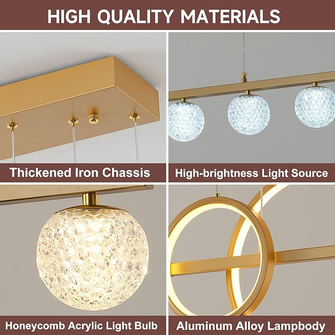 Modern Gold Chandeliers for Dining Room, 47in Dimmable LED Chandelier Linear Gold Pendant Light for Kitchen Island, Upgraded 6 Globe Hanging Pendant Chandelier Lighting (2 Rings, 4200lm)