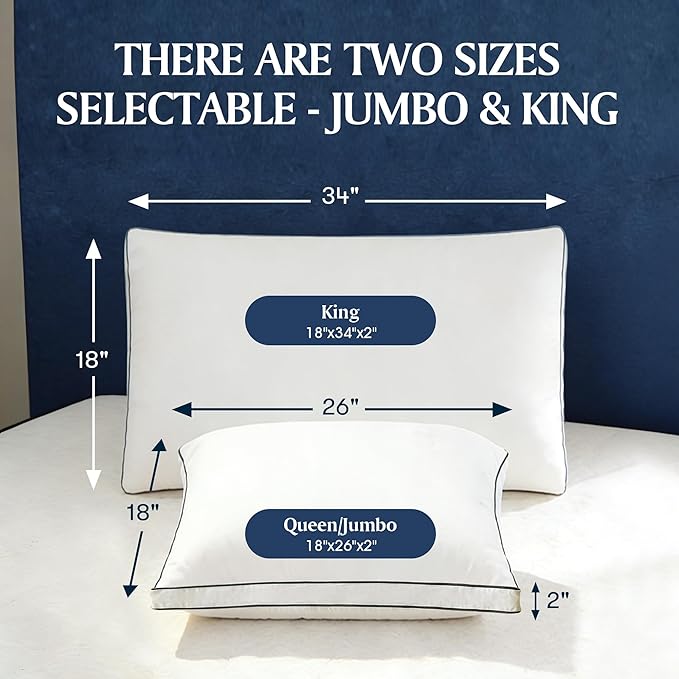 Blue Ridge Home Fashions Hotel Bed Pillows King Size Set of 2, 400 Thread Count 100% Cotton Cover, Medium Support Gusseted Down Alternative Pillow for Back, Stomach or Side Sleepers, 18" x 34", White