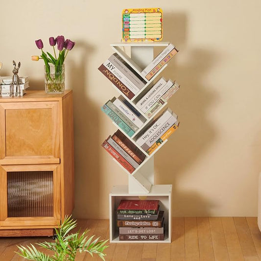 7 Tier Tree Book shelf, Small Bookcase with Reading Planner and Activity Panel, Modern Floor Standing Corner Tall Narrow Storage Cabinet Bookshelves for Home Office Bedroom Living Room (White)