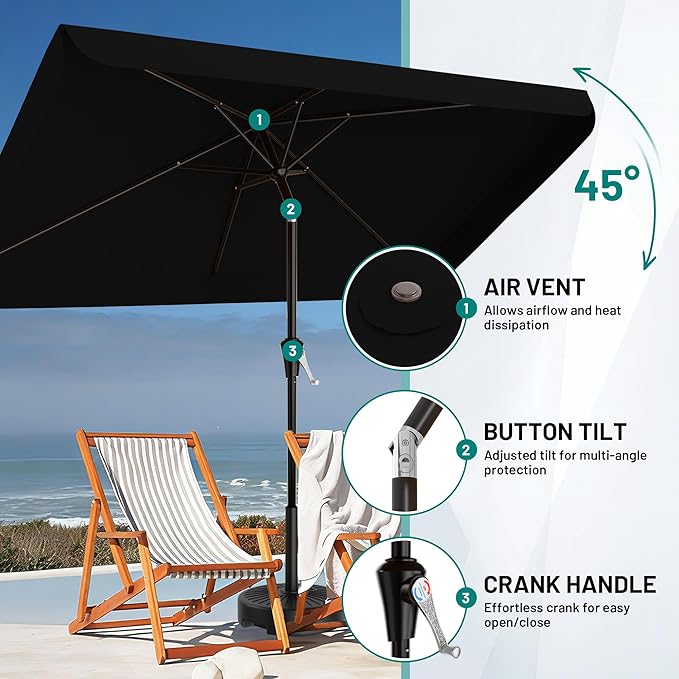 AreShark 6.5 x 10 FT Rectangular Valance Patio Umbrella, Outdoor Umbrella with Tilt and Crank, Market Table Umbrellas W/ 6 Ribs UV Protection for Garden, Deck, Backyard and Pool, Black
