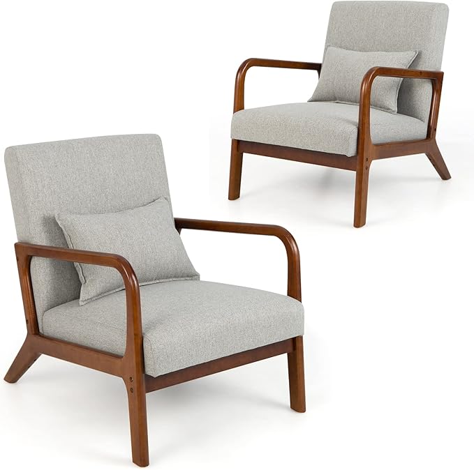 Giantex Set of 2 Modern Accent Chair with Pillow - Comfy Upholstered Lounge Armchair with Anti-Slip Felt Pads, Wooden Frame Soft Padded Arm Chairs for Living Room, Bedroom, Study, Grey