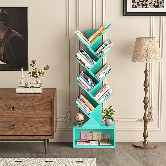 9 Tier Tree Bookshelf,Christmas Green Bookcase for Narrow Space, Storage Organizer Floor Standing Bookshelves for Books, Tall Book Case for Home Office, Living Room, Bedroom