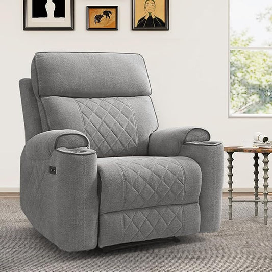 HAOMARKETS Power Recliner Chair for Adults with USB Port, Soft Fabric Electric Recliners with Metal Cup Holders, Single Overstuffed Heavy Duty Reclining Sofa Chairs for Living Room, Light Grey