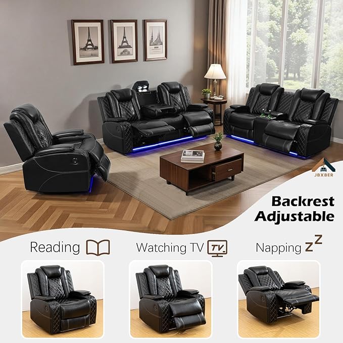 Power Recliner Sofa Set for Living Room, Leather Reclining Sofa Sets with Storage Console, Living Room Furniture Sets with LED Lights(Loveseat,Black)