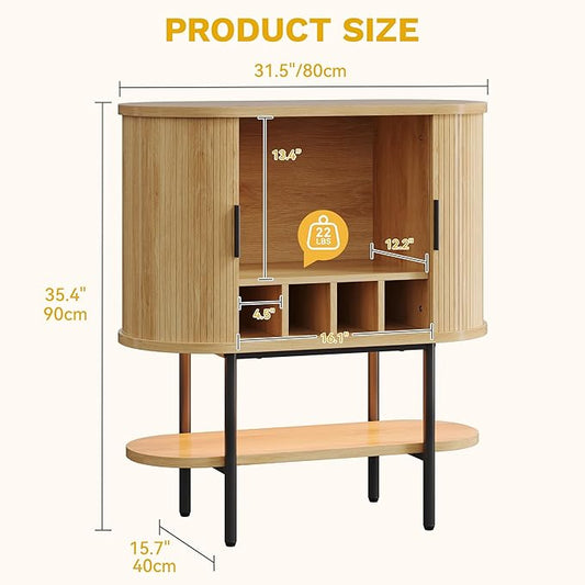 DWVO Bar Cabinet with LED Lights, Oval-Shaped Wine Bar Table with 2 Glass Holders, 4 Wine Racks, Open Shelf, Fluted Coffee Bar Liquor Cabinet for Home, Kitchen, Living Room, Natural Oak
