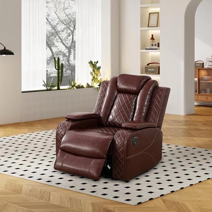 Power Recliner for Living Room, Air Leather Reclining Chair with LED/Storage, 1-Seater Reclining Furniture, Burgundy Leather Couch for House/Apartment/Office