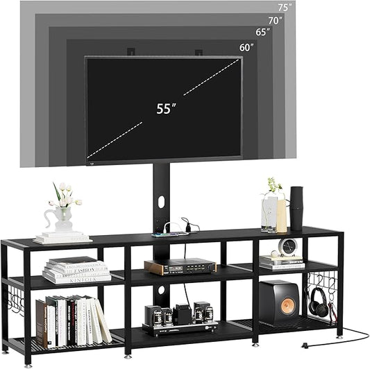 VECELO TV Stand with Mount and Power Outlet, Height Adjustable Entertainment Center with Storage Shelves for 32/55/65/70/75 inches Televisions, Console Table for Living Room, Bedroom, Matte Black