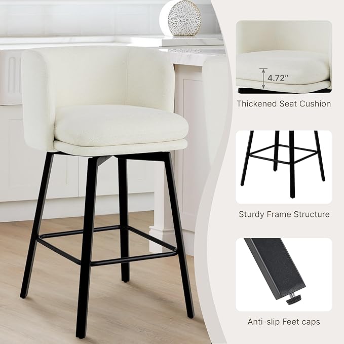 26" H Counter Height Swivel Bar Stools Set of 4, Barrel Counter Stools with Backrest, Linen Fabric Upholstered Barstools with Metal Legs for Kitchen Island,Beige