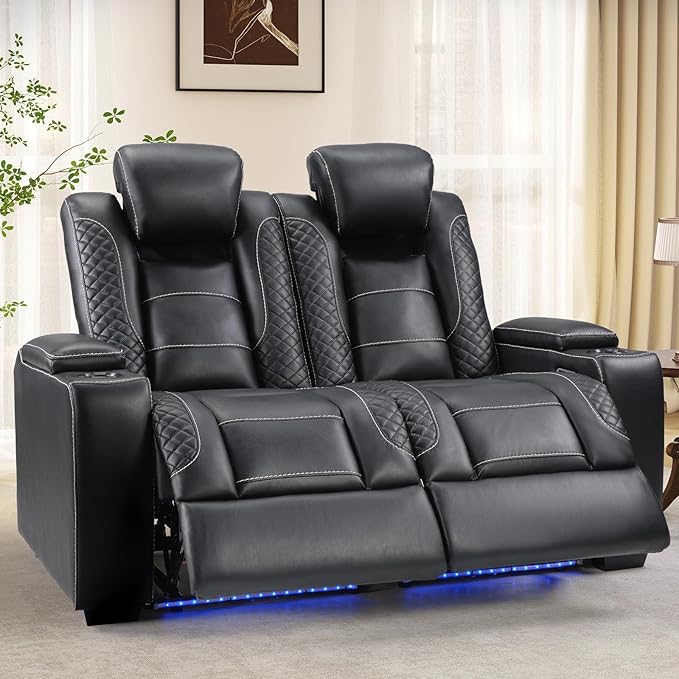 ANJ Power Reclining Loveseat, 2-Seater Electric Recliner Sofa with LED Lights, USB Charging & Cup Holders, Faux Leather Living Room Furniture for Home Theater, Small Spaces & RV (Black)