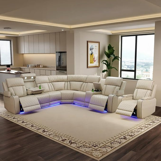 Power Leather Recliner Sectional Sofa with LED Light,L Shaped Reclining Couch with USB Charger/Cup Holder/Storage,Leather Sofa for Living Room Furniture Sets(Beige,Sectional+1 Seat)