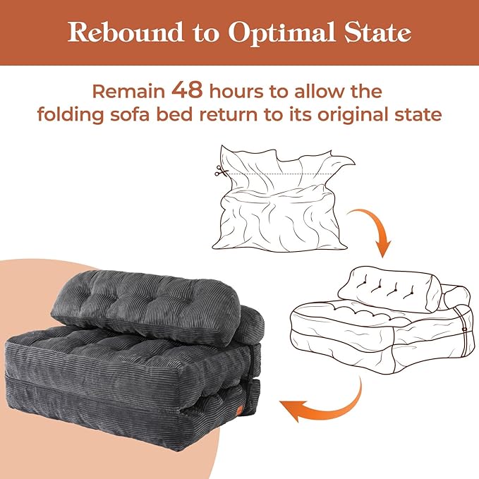 Folding Sofa Bed, Convertible Sleeper Chair with Back Support and Pillow Futon, Boneless Matress, for Living Room/Guest Use/Home Office, Foldable Chair Bed for Adults, Dark Gray, Full