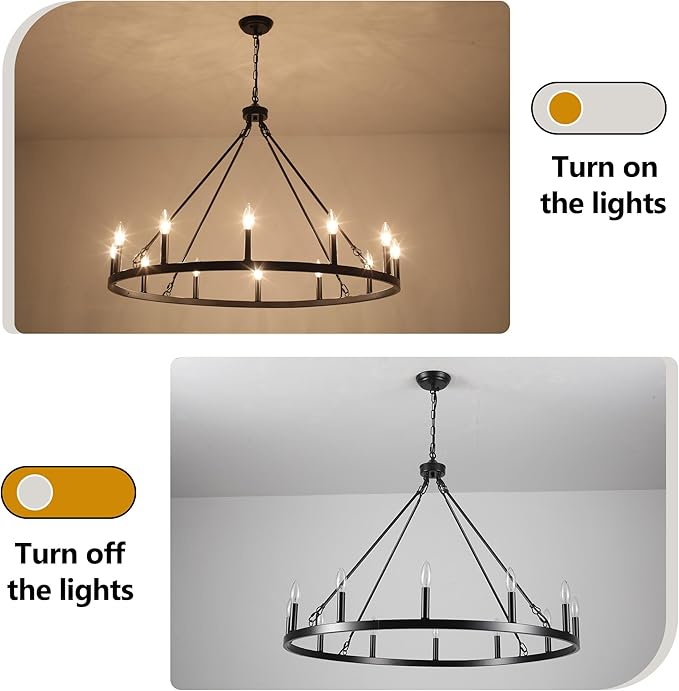 Black Wagon Wheel Chandelier 38 inch,12-Light Farmhouse Wagon Wheel Chandeliers Round Industrial Ceiling Rustic Country Light fixtures for Outdoor Porch high Ceilings Living Dining Room Foyer Entryway