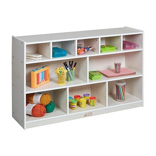 ECR4Kids 5+5 Cubby and Storage Mobile Tray Cabinet, Classroom Furniture, White Wash