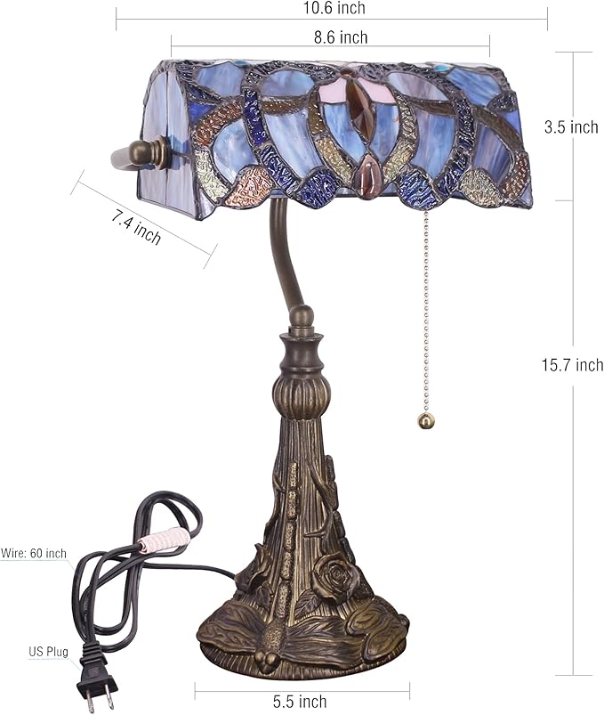 Tiffany Banker Lamp Small Stained Glass Table Lamp Tiffany Style Piano Light Blue Purple Cloudy Style Desk Lamp Angle Adjustable 10.6X15.7 Inch for Home Office Living Room Bedroom