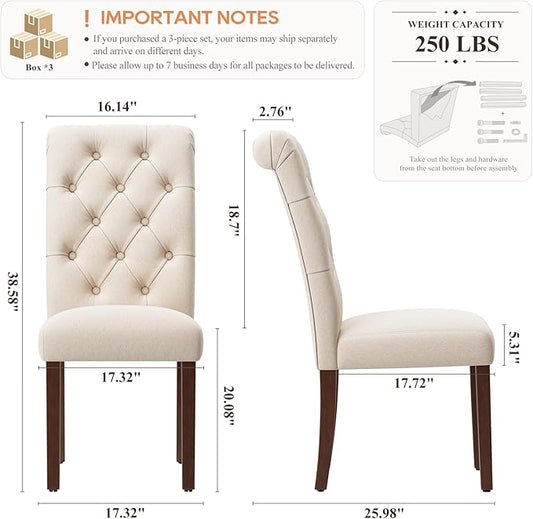 Upholstered Tufted Dining Room Chairs Set of 6, Parsons Kitchen Chairs with Padded Seat and Solid Wood Legs, Fabric Accent Side Diner Chair for Dining Room/Kitchen/Living Room, Beige