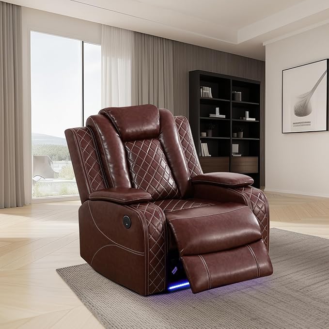 Power Leather Recliner Sofa with LED Light，38" Power Single Recliner Chair USB Port/Storage Armrest,Leather Couch for Living Room/Office/Lounge/Rv Car/Club/Apartment(Red,Chair)