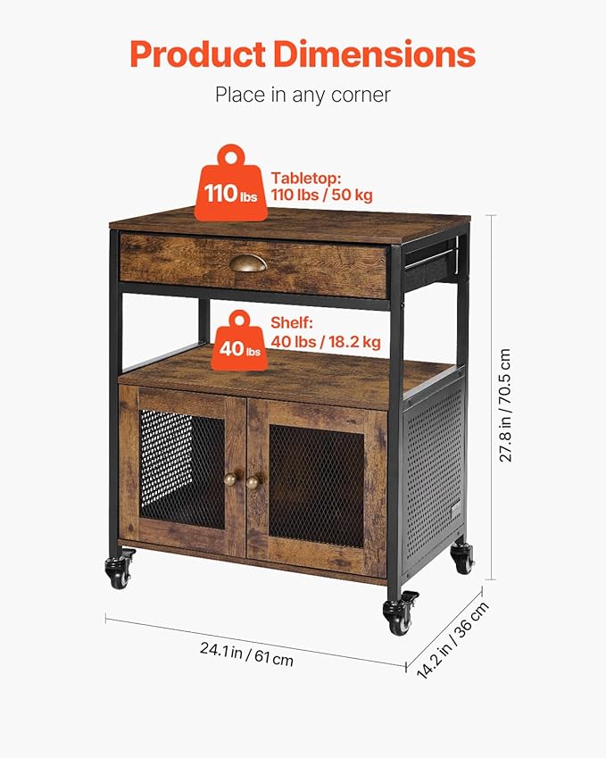 VEVOR Coffee Bar Cabinet, 24 Inch Farmhouse Bar Cabinet with Storage, Movable Coffee Table with Wheels & Mesh Door, Sideboard Buffet for Kitchen, Entryway
