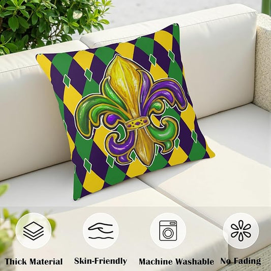 Mardi Gras Pillow Covers 20x20 Set of 2 Purple Gold Green Fleur De Lis Outdoor Throw Pillow Covers Holiday Farmhouse Cushion Covers for Home Sofa Couch Party Decor