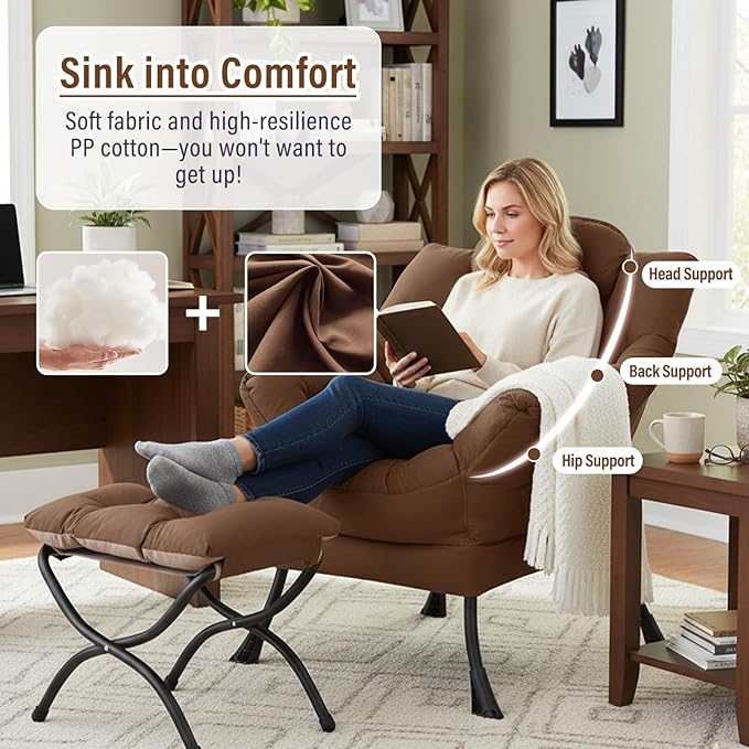 Lazy Chair with Ottoman, Modern Accent Chair with Folding Footrest, Dark Brown Sofa Chair Set, Comfortable Reading Chairs, Oversized Armchairs for Bedroom, Study, Living Room, Courtyard