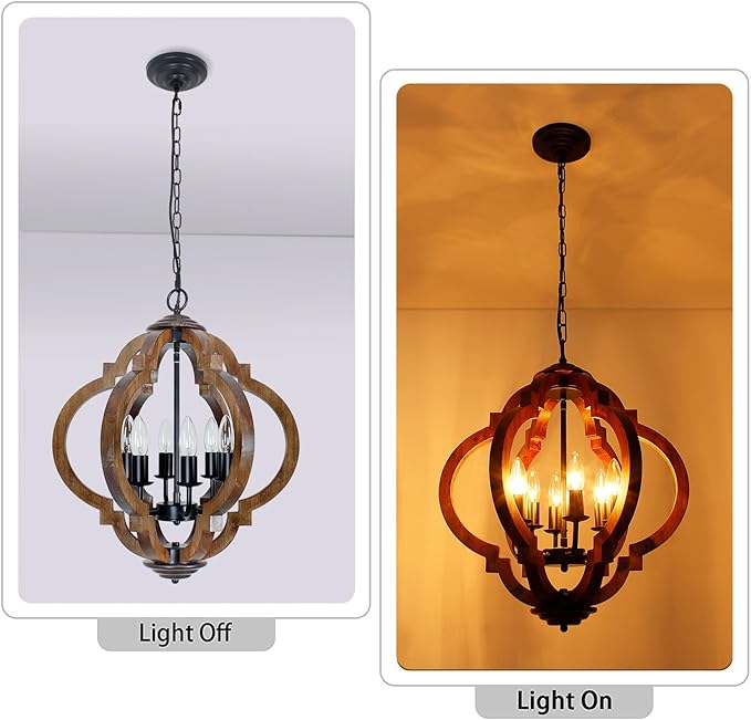 18.5" Farmhouse Chandelier for Dining Room, 6-Light Farmhouse Wood Chandelier, Rustic Dining Room Light Fixture, Rustic Pendant Lighting for Kitchen Island Living Room Bedroom Foyer