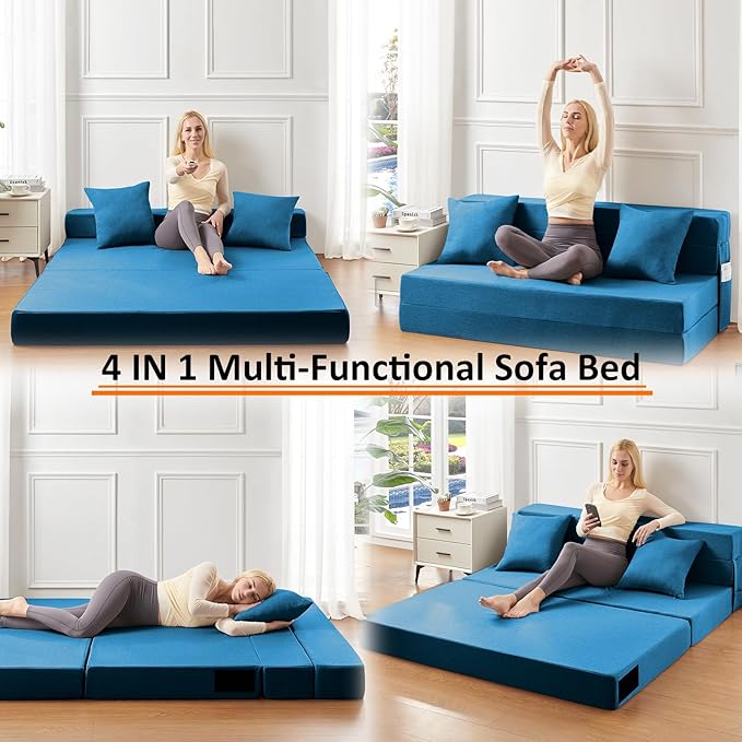 JKMAX Twin Size Folding Sofa Bed - 4 in 1 Foldable Couch with Pillow - High Density Memory Foam Sleeper Chair - Convertible Fold Out Bed with Washable Modern Linen Cover for Home Office (Blue)