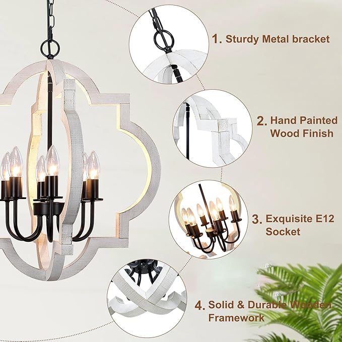 21'' Farmhouse Wood Chandelier, 6-Light Distressed White Dining Room Light Fixture, Adjustable Height Rustic Wood Orb Chandelier for Kitchen Island Foyer Living Room Bedroom Entryway