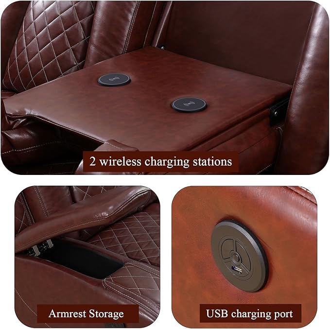 Power Reclining Sectional Sofa for Living Room – Brown Leather Sectional with Recliner, LED Lights, Storage Console & Cup Holders, Comfortable Family Couch