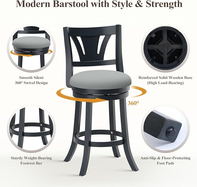 Swivel Bar Stools Set of 1,26 Inch Counter Height Barstool with Silent Rotation, High-Density Foam Cushion, Solid Wood Frame, Footrest & Anti-Slip Pads for Kitchen Islands and Home Bars (Grey)
