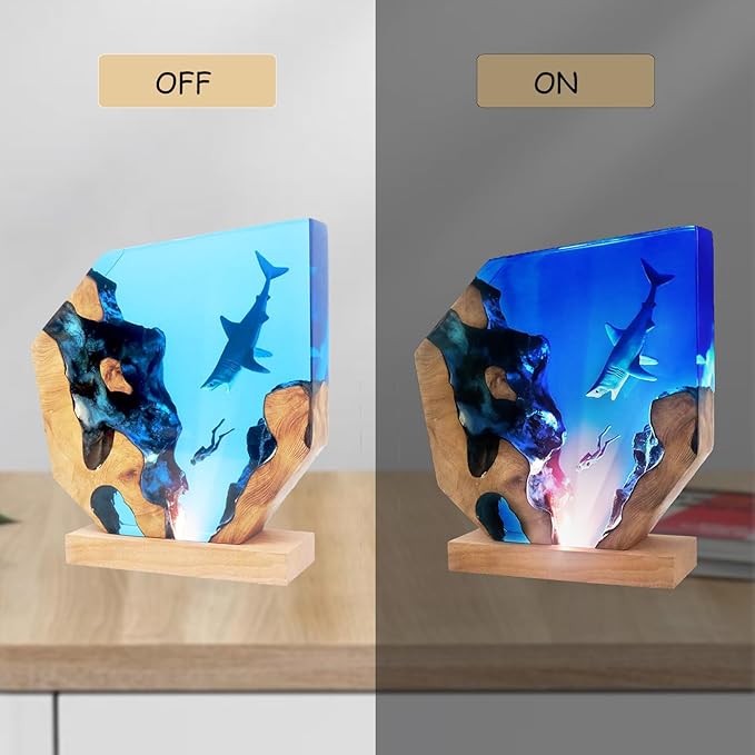 Shark Diver LED Ocean Lamp, Epoxy Resin Decorative Night Light for Office, Desk, Bathroom or Bedroom, Suitable for Holidays (Shark&Diver)