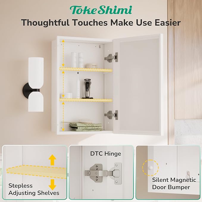TokeShimi 20 x 26 Recessed Medicine Cabinet with Mirror Surface Mounted, Metal Beveled Mirror with Storage for Bathroom Vanity, Aluminum Alloy White Medicine Cabinet Mirrored