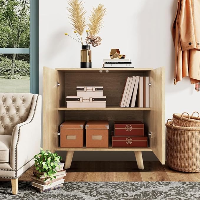 Accent Storage Cabinet, Modern Accent Buffet Cabinet with Adjustable Shelves, Freestanding Sideboard with Double Doors, Accent Cabinet with 2 Doors for Hallway Entryway Living Room (Natural)