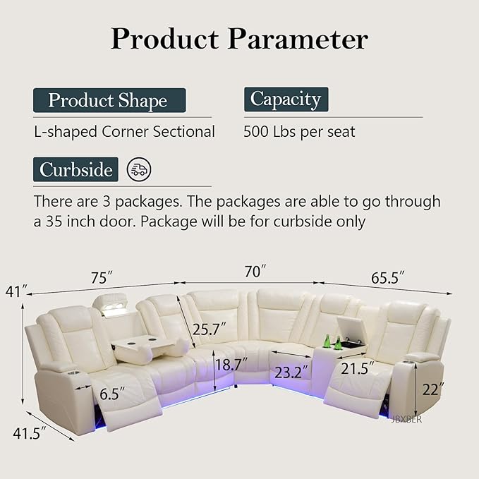 Power Recliner Sectional Sofa Set, Creamy Leather Sectional Couch for Living Room, L Shape Reclining Sofa with Cup Holder, Hidden Storage, Drop-Down Table for House(6 Seat)