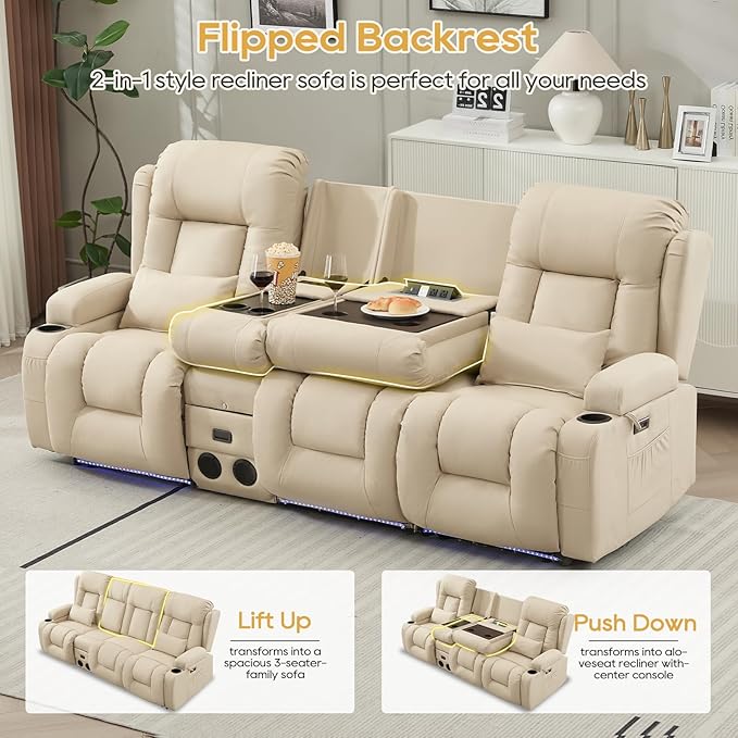 IPKIG Power Recliner Sofa with Flip-Up Backrest Console, USB & USB-C Ports, AC Outlet, LED Lights, Wall Hugger Recliners for Living Room, RV (Beige, 89" - 4 Seat) | Leathaire Fabric, Zero Gravity, Dual Reclining, 2 Lumabr Pillow, Bluetooth Speakers