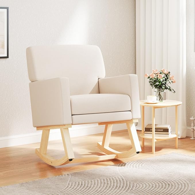 Giantex Upholstered Rocking Chair, Nursery Rocking Chair w/Widened Back, Machine-Washable Seat Cushion Cover, Solid Rubber Wood Frame, Glider Rocker Accent Chair for Living Room, Bedroom, Beige