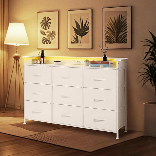 VEVOR 9 Drawer Dresser, Tall Drawer Dresser with Fabric Bin, Closet Storage Drawers with Sturdy Metal Frame, LED Lights & Built-in Outlet, Fabric Storage Tower for Bedroom, Hallway, Closet, White