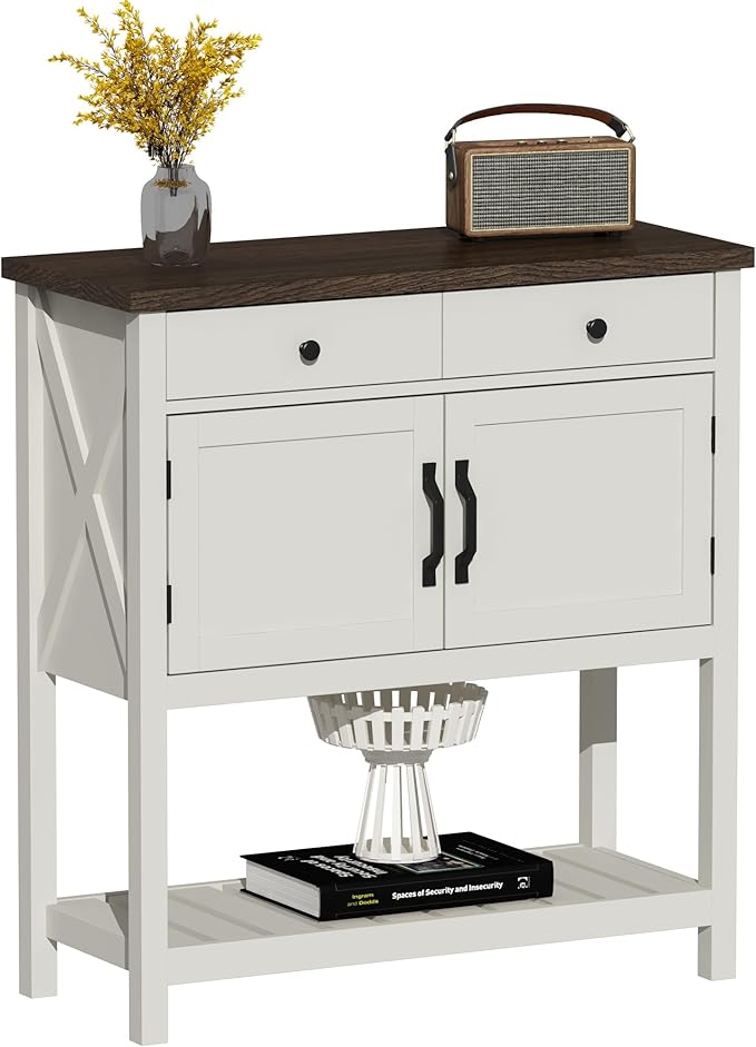 ChooChoo Farmhouse Console Table, Entryway Table with Storage Shelf, Coffee Bar Cabinet, Narrow Buffet Sideboard for Kitchen, Hallway, Living Room, White