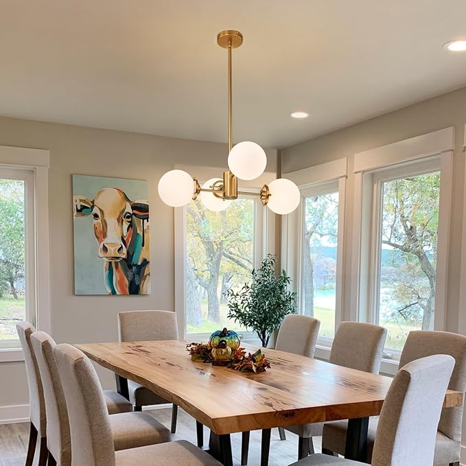 Gold Sputnik Chandelier with Milk Glass Globes, 23.6" 4-Light Mid-Century Pendant Light for Dining Room, Living Room,Foyer, Entryway