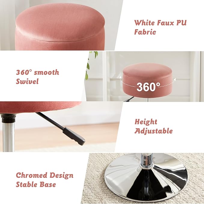 Adjustable Ottoman Stool Pink Vanity Stool Vanity Chair for Makeup Room Stool Chair for Vanity Stool with Storage Makeup Stools with Storage Swivel Makeup Chair for Bathroom Velvet