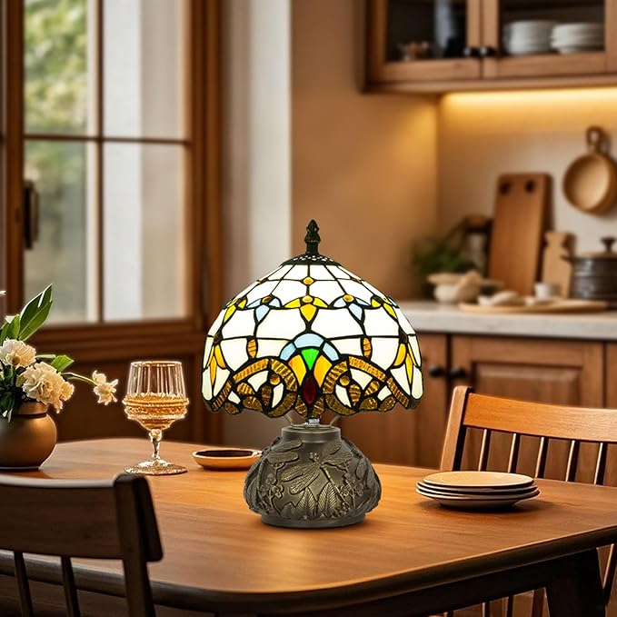Small Tiffany Table Lamp,Stained Glass Lamp,8 Inch Mushroom Style Mini Vintage Desk Lights for Bedside, Bedroom,Nightstand,Living Room,3 Color Temperature (Baroque)