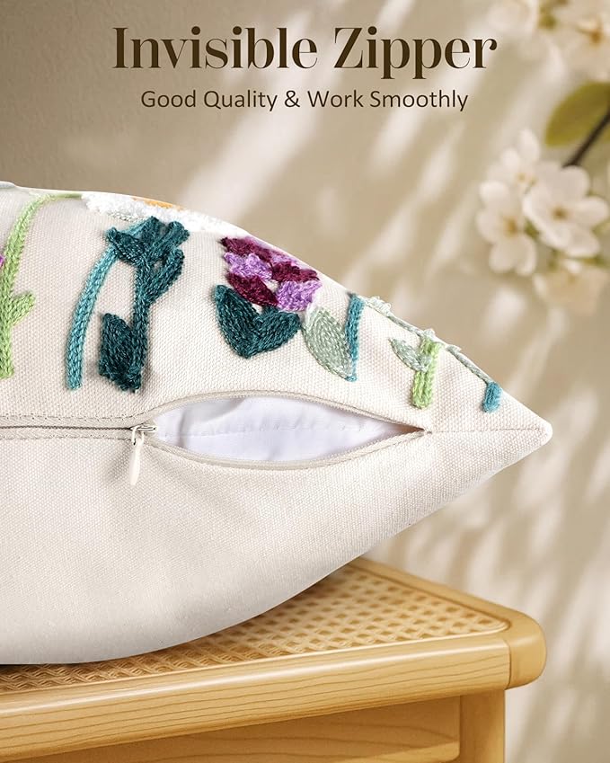 Embroidered Lumbar Pillow Cover - 20x12 Decorative Pillow Cover with Zipper Aesthetic Cute Design Boho Spring Summer Throw Pillowcase for Living Room Couch Sofa Bed, Wild Floral