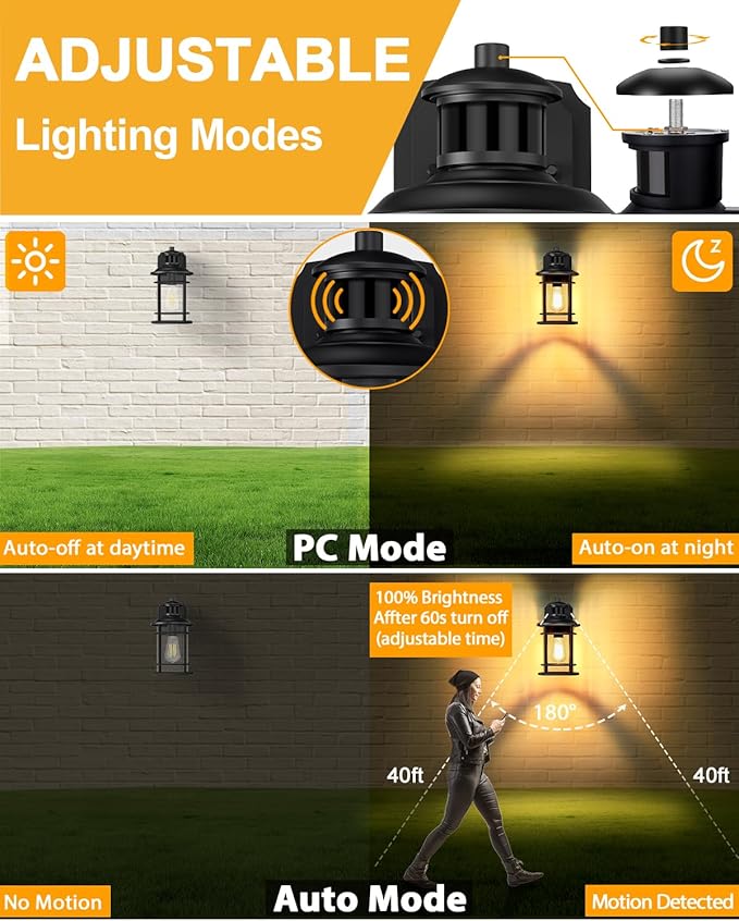 2 Pack Porch Lights with GFCI Outlet, Dusk to Dawn Motion Sensor Outdoor Lights, 3 Lighting Modes Waterproof Anti-Rust Alunmium Outside Porch Wall Light, Exterior Light Fixture for Garage Front Door