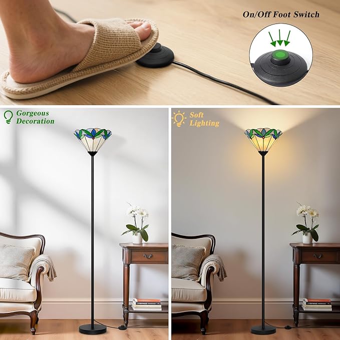 Floor Lamp with Tree Leaf Stained Glass Shade, Torchiere Floor Lamp, Tall Corner Pole Lamp with Foot Switch, Vintage Style Decorative Standing Reading Light for Living Room Bedroom(E26 Base)