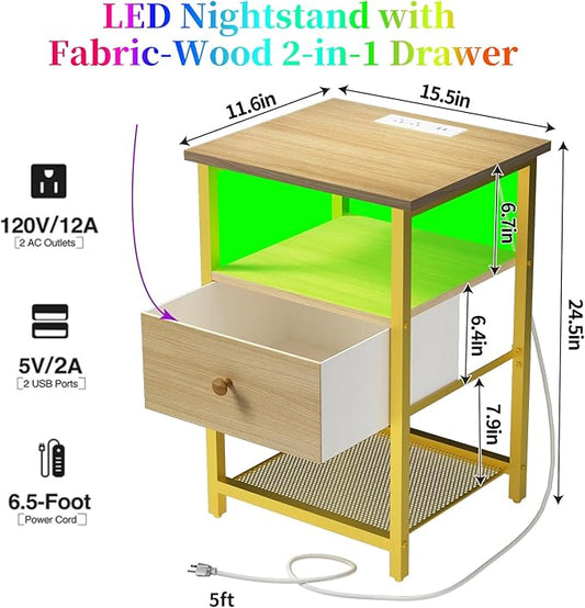 LED Nightstands Set of 2 with Charging Station, Bedside Tables with USB Ports and Outlets, End Table with Fabric-Wood 2-in-1 Drawer for Small Spaces, Wooden Color Side Table for Bedroom